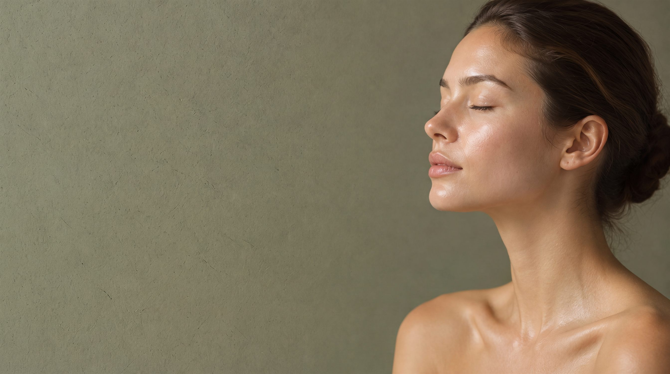 Woman in profile with closed eyes and glowing skin against an olive backdrop